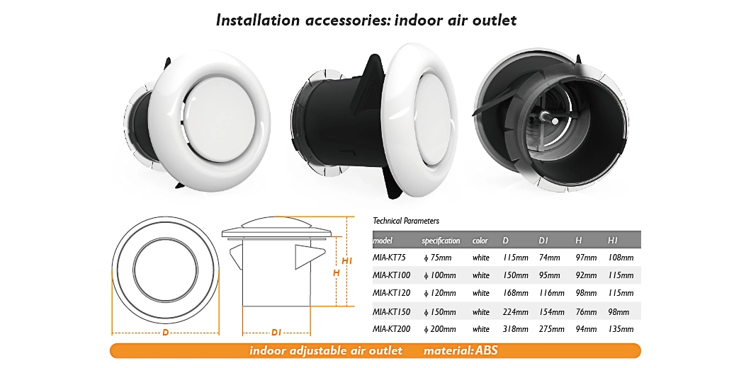 Miaventilation ABS Round Air Conditioning Outlet Adjustable Ceiling Wall Air Diffuser for Heat Recovery Ventilation